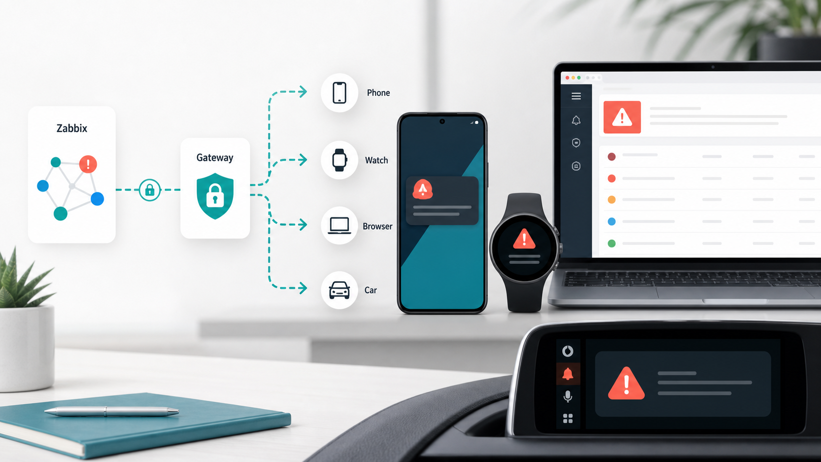 PixelWatch Alert route from Zabbix through a gateway to phone, watch, browser, and car alert surfaces